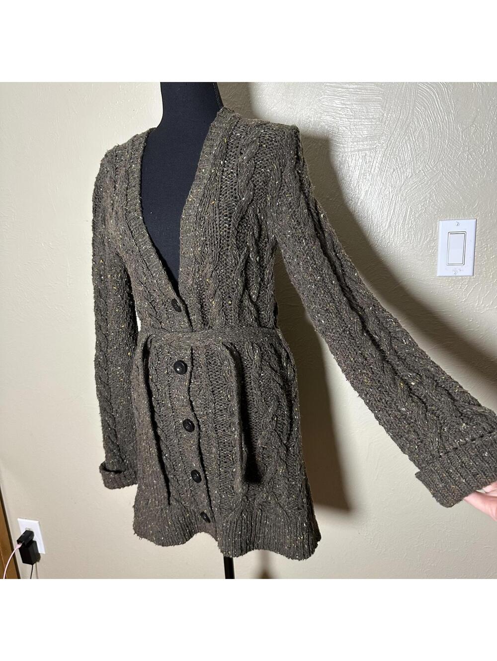 J.Crew Handknit Wool Cashmere Cable Knit Belted Long Cardigan Heathered Green S